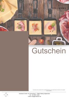 Gutschein raclette Motiv Drei raclettepfännchen auf einem Holztisch
